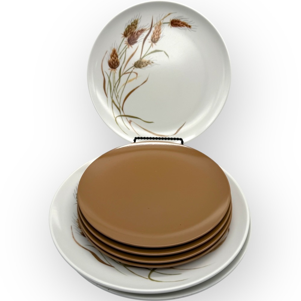 Vintage Texas-Ware Melamine Plate Set 8pc Wheat Pattern G-3 G-15 Brown White MCM
